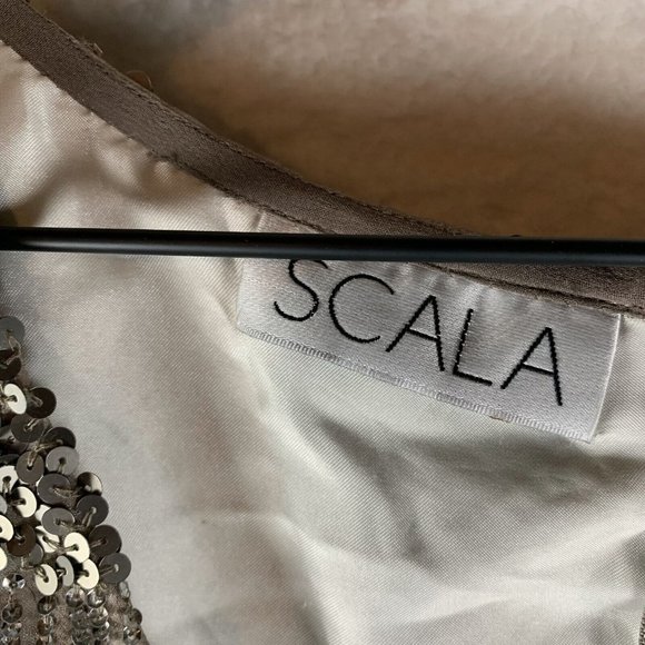 Vtg Scala Sequin Dress Womens 12 Metallic 100% Silk V-Neck Long‎ Sleeve Back Zip - Picture 4 of 11